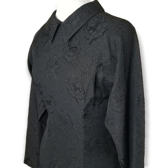 Vintage 80s Ann Taylor Black Textured Long Sleeve Midi Dress With Pointed Collar - Picture 2 of 13